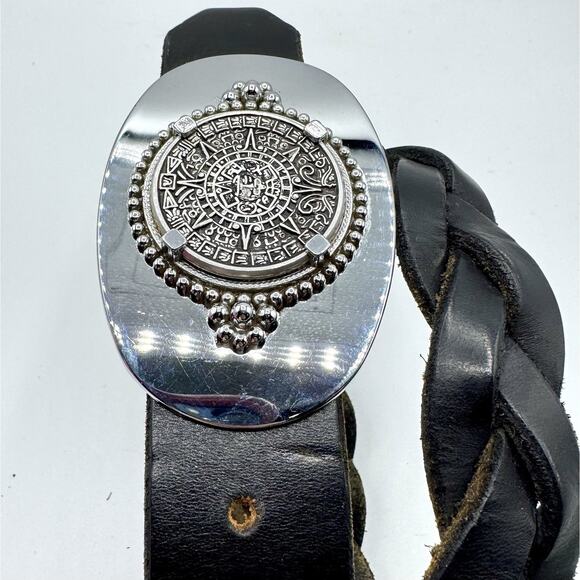 Aztec Mayan Sun Dial Calendar Belt Buckle & Vtg.‎ Braided Leather Belt 36 - Picture 4 of 9